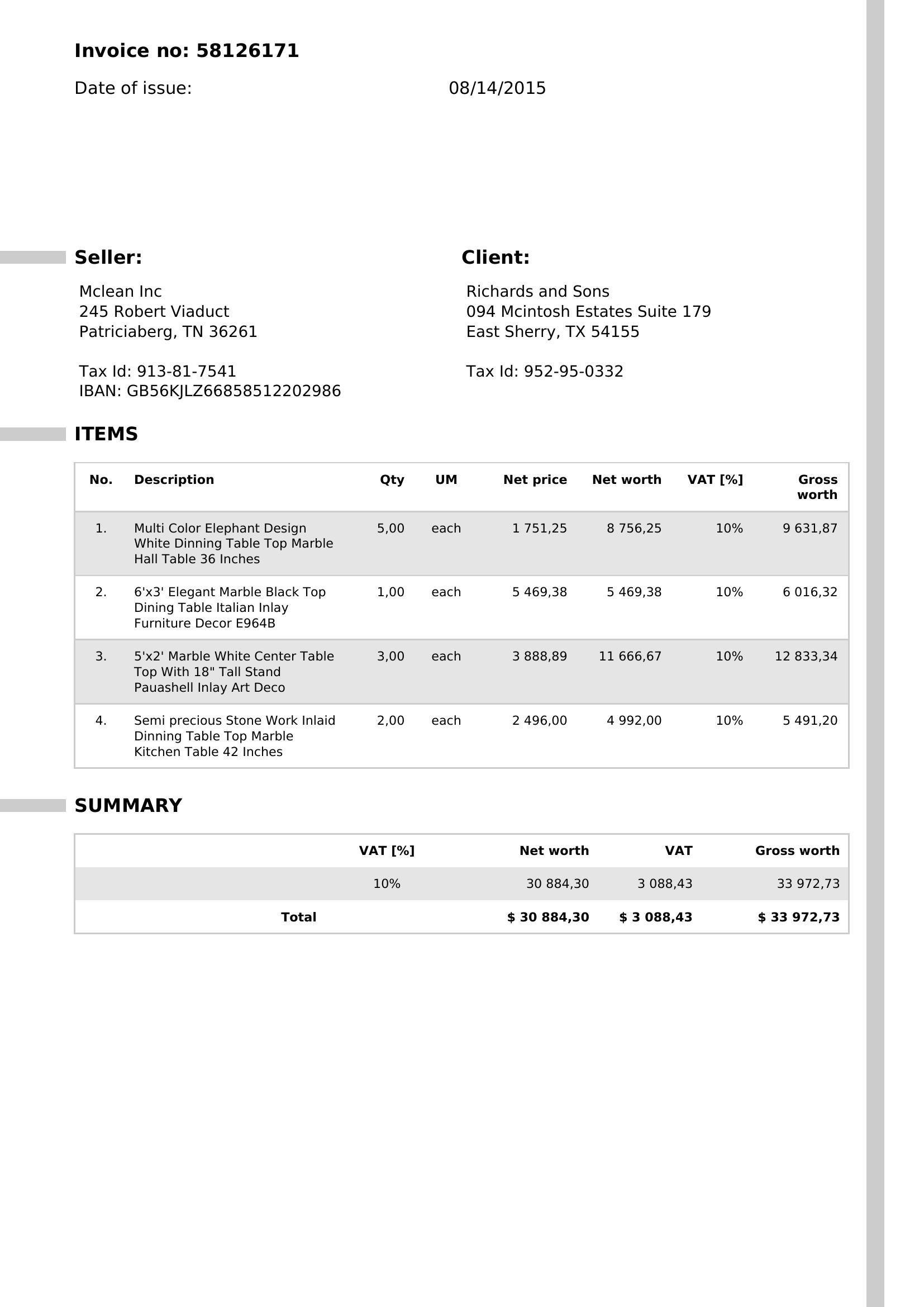 Invoice with its blocks and 20 extracted fields outlined